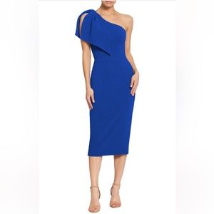 Tiffany Electric Blue One Shoulder Bow Detail Sleeveless Midi Sheath Dress